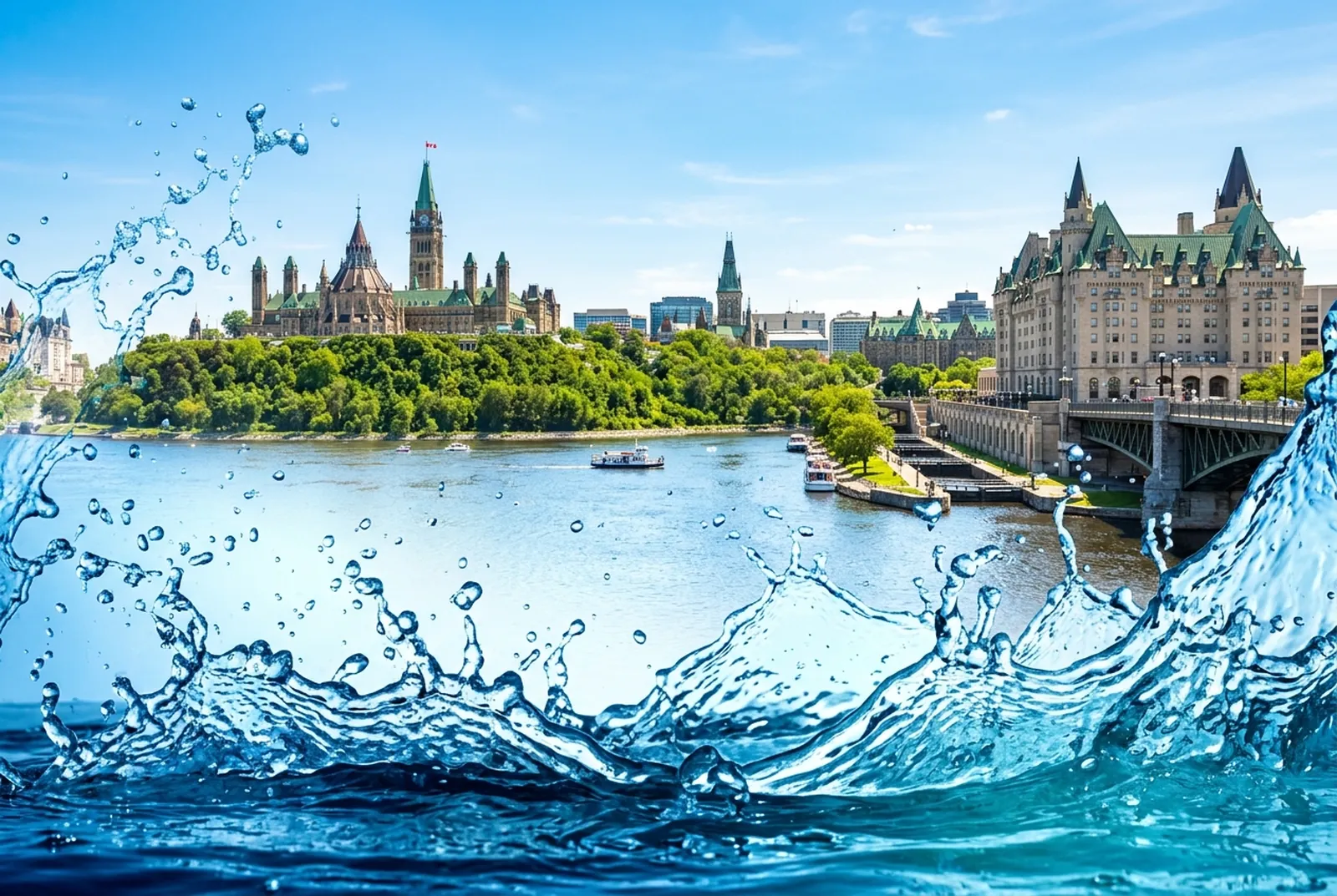 Bright Ottawa skyline along the Ottawa River with a fresh water splash